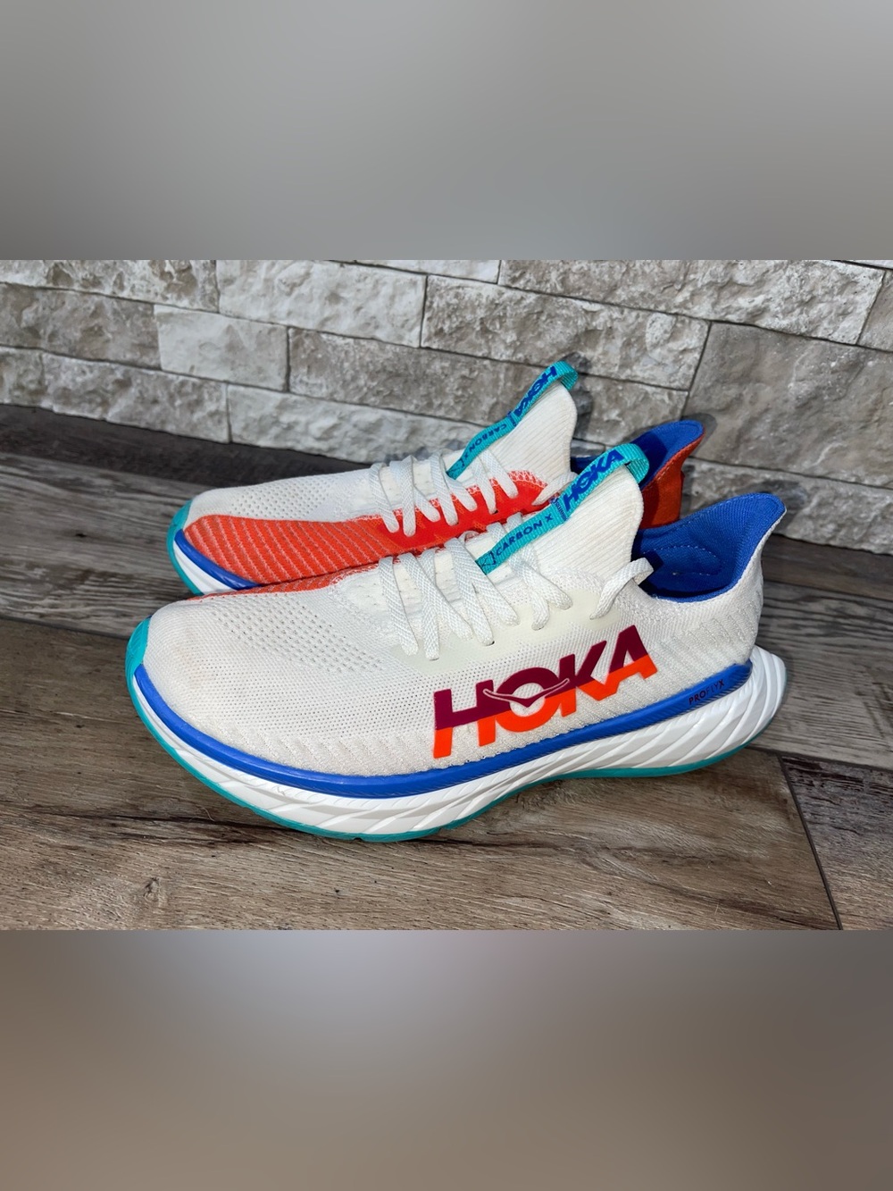 Hoka One Carbon X 3 White/Orange Flame Running Sneakers Womens 10B / Mens 8.5B
